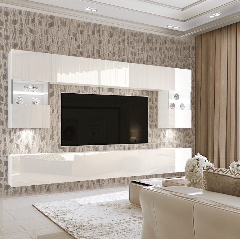 Meblościanka 300 cm TV/RTV biała połysk Producent IMP 1/5/W/W/0/0