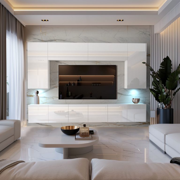 Meblościanka 300 cm TV/RTV biała połysk Producent IMP 2/5/W/W/0/0