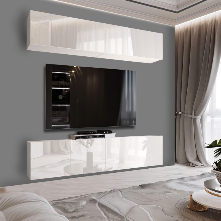 Meblościanka 200 cm TV/RTV biała połysk Producent IMP 6/5/W/W/0/0