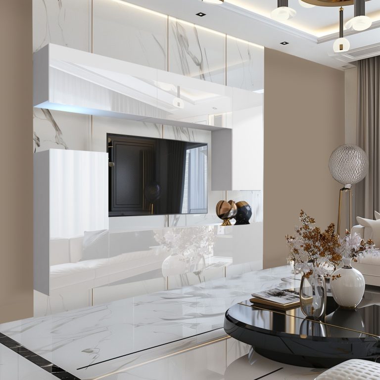 Meblościanka 250 cm TV/RTV biała połysk Producent IMP 8/5/W/W/0/0