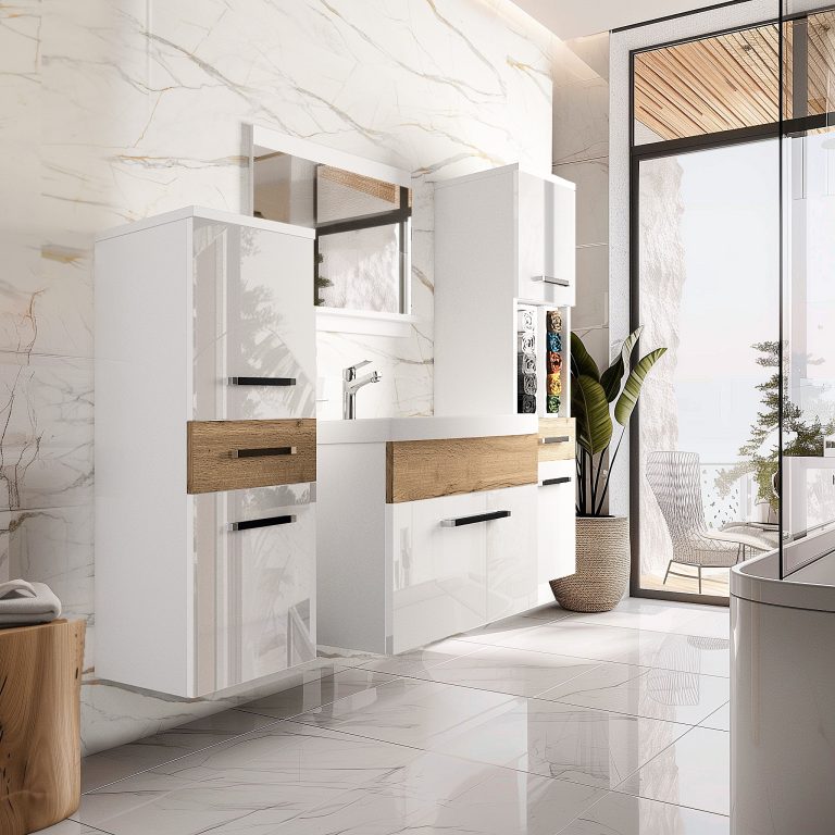 Meble łazienkowe szafki z umywalką z lustrem białe połysk dębowe dąb wotan dąb sonoma Producent ROD PM 5/0/W/WDW/0/ZW