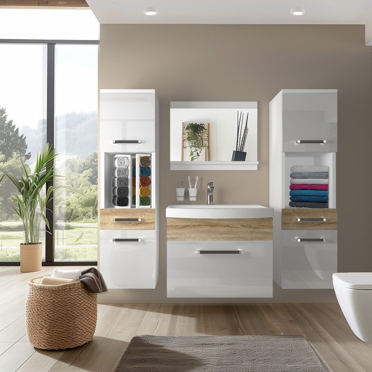 Meble łazienkowe szafki z umywalką z lustrem białe połysk dębowe dąb wotan dąb sonoma Producent ROD PM 6/0/W/WDS/0/ZW