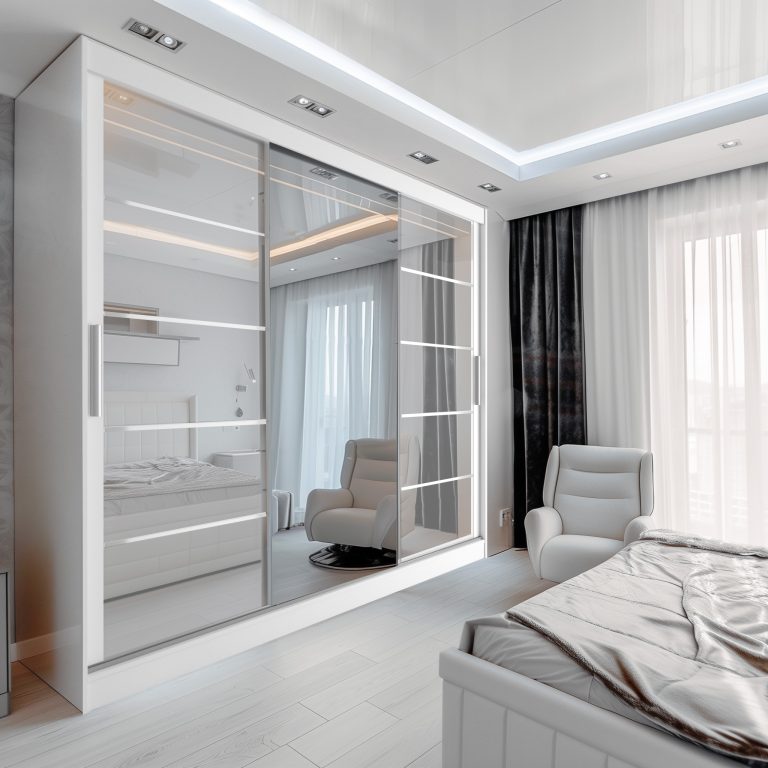 Szafa przesuwna 232 cm PREMIUM Z SZUFLADAMI z lustrem biały połysk Producent MGB SZP8/0/W/2W1L/KLAL