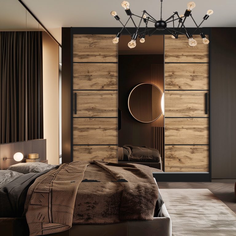 Szafa przesuwna 200 cm PREMIUM Z SZUFLADAMI z lustrem dębowa dąb wotan dąb sonoma Producent MT SZP5/1/B/DW/0/KLP