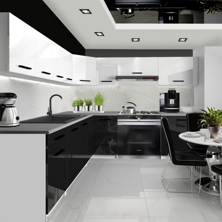 Meble kuchenne 420 cm białe połysk czarne połysk bez blatu Producent INF UNIQAPLUS/3/WT/WB/BB/B1