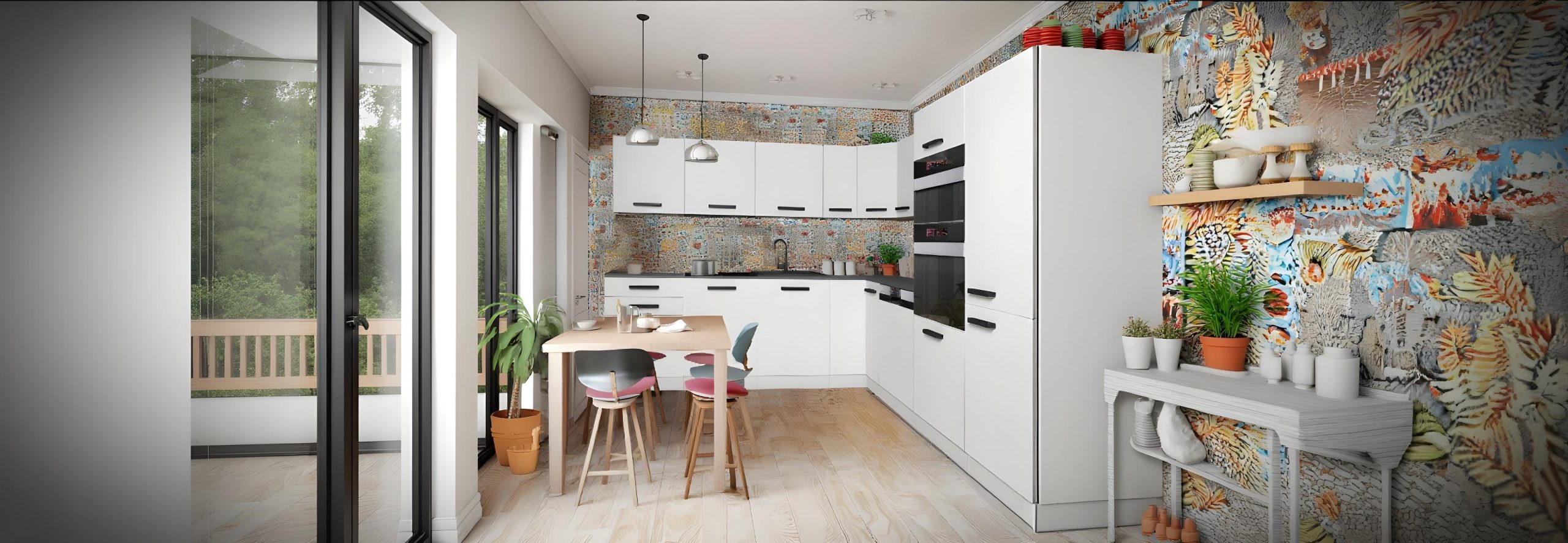 biała kuchnia z mozaiką na ścianie