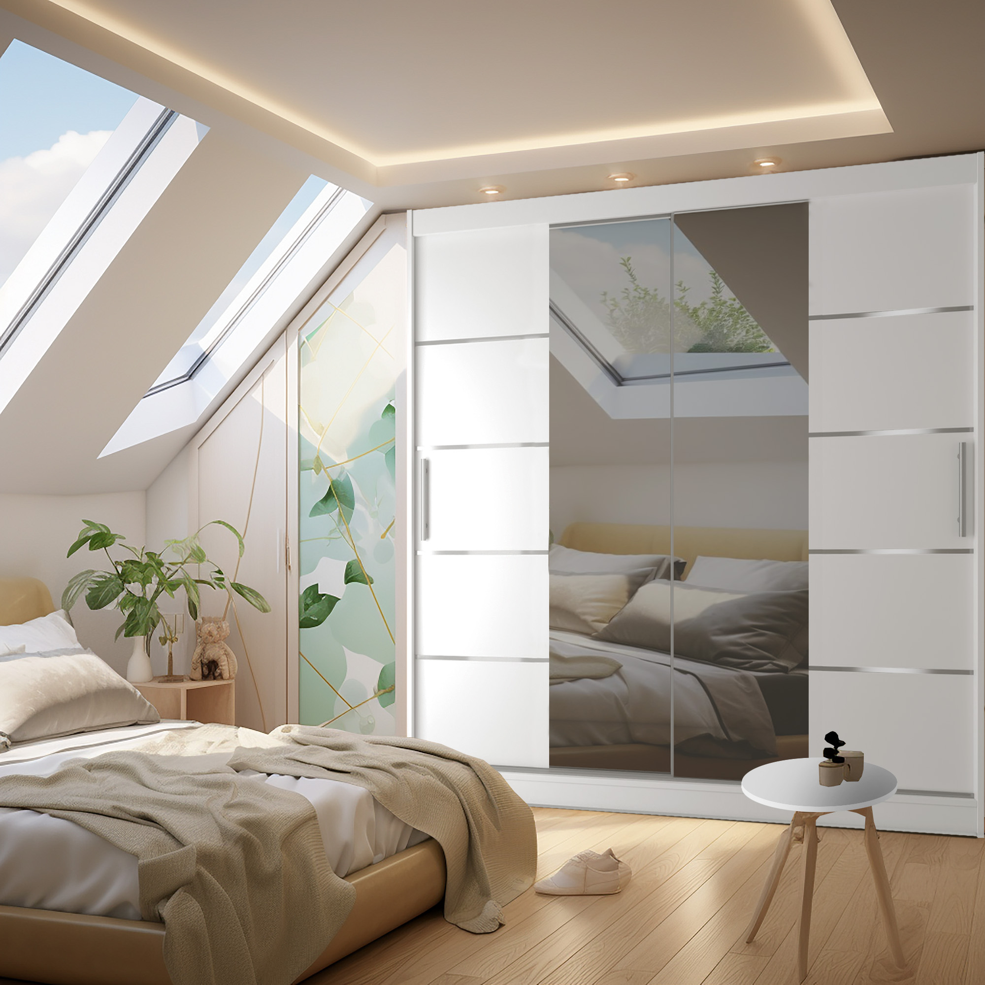 Sypialnia na poddaszu z lustrzaną szafą i drewnianą podłogą