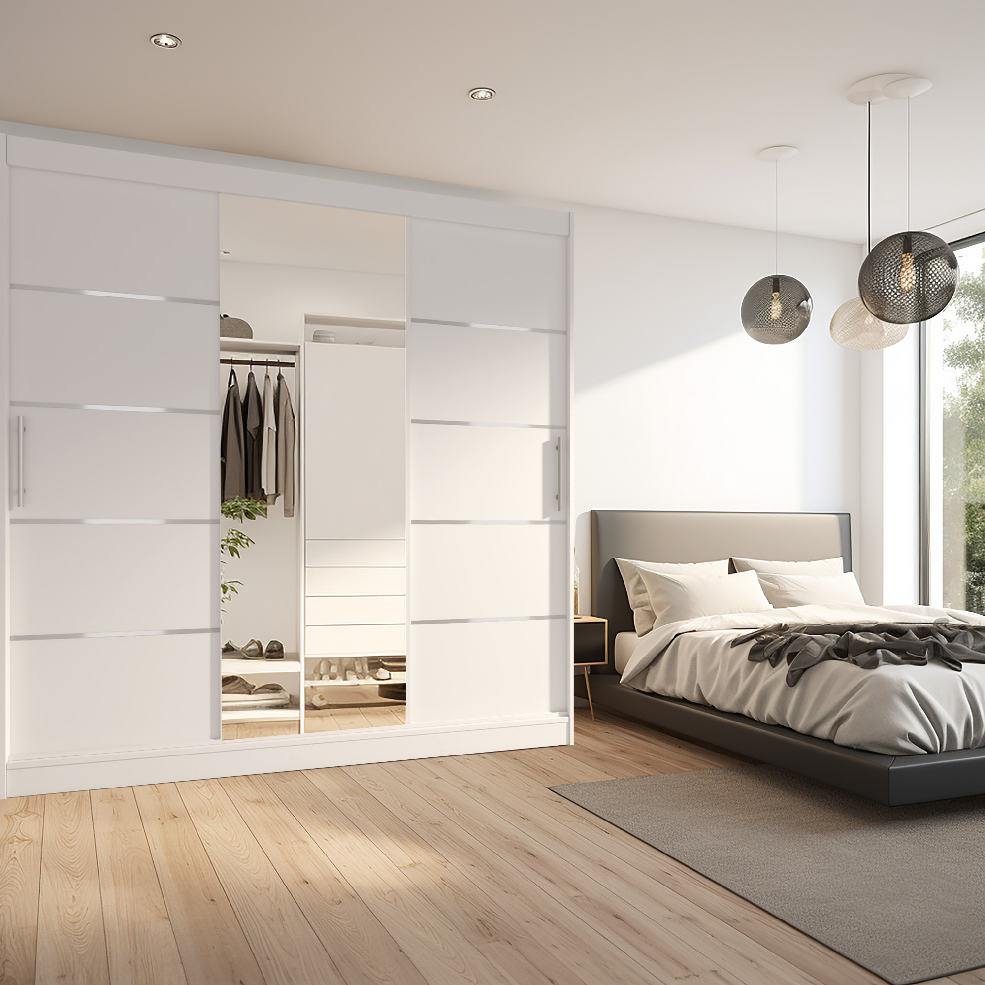 Wnętrze eleganckiej sypialni z łóżkiem i szafą