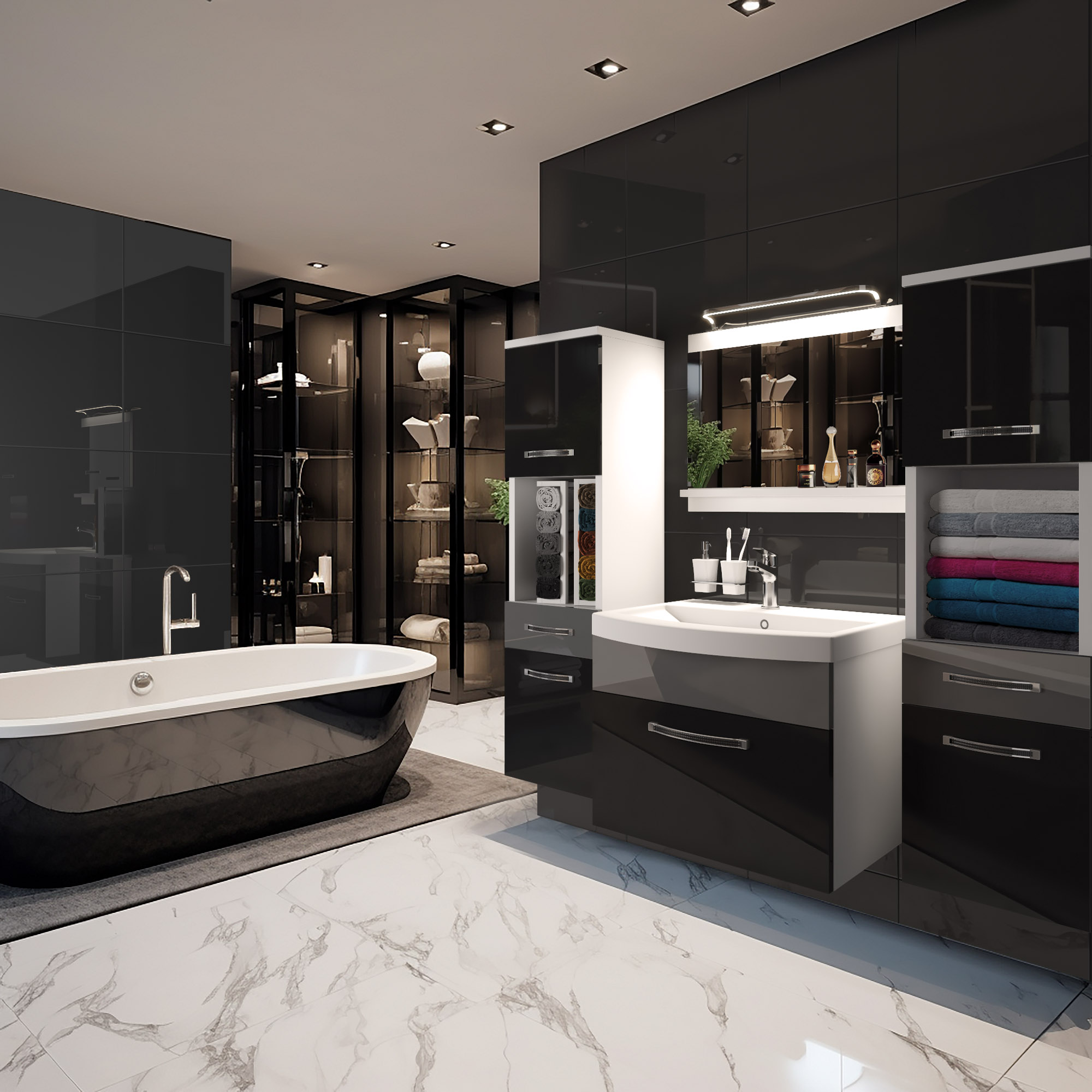 Nowoczesna łazienka z ciemnymi meblami i wanną