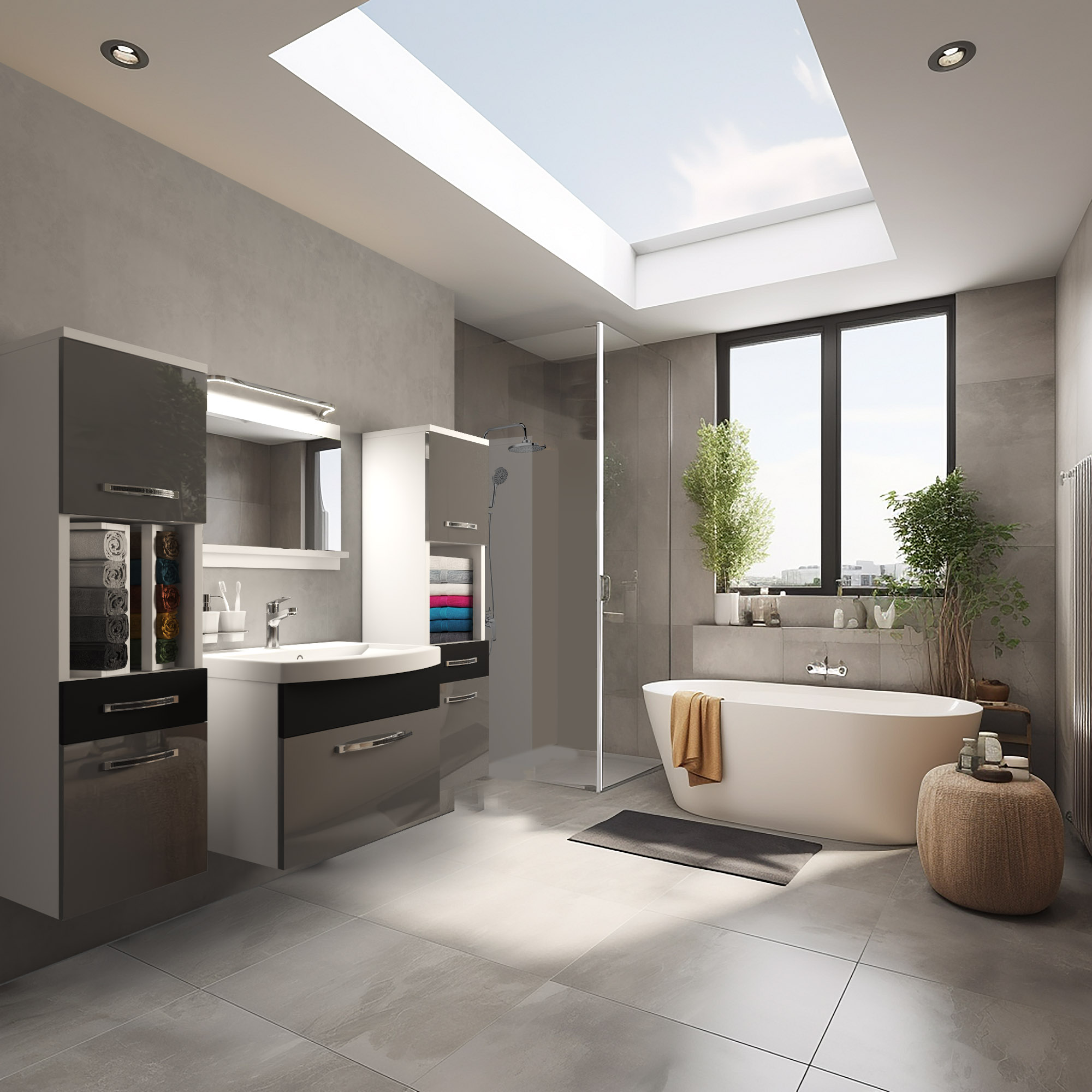 Przestronna łazienka z wanną i roślinami