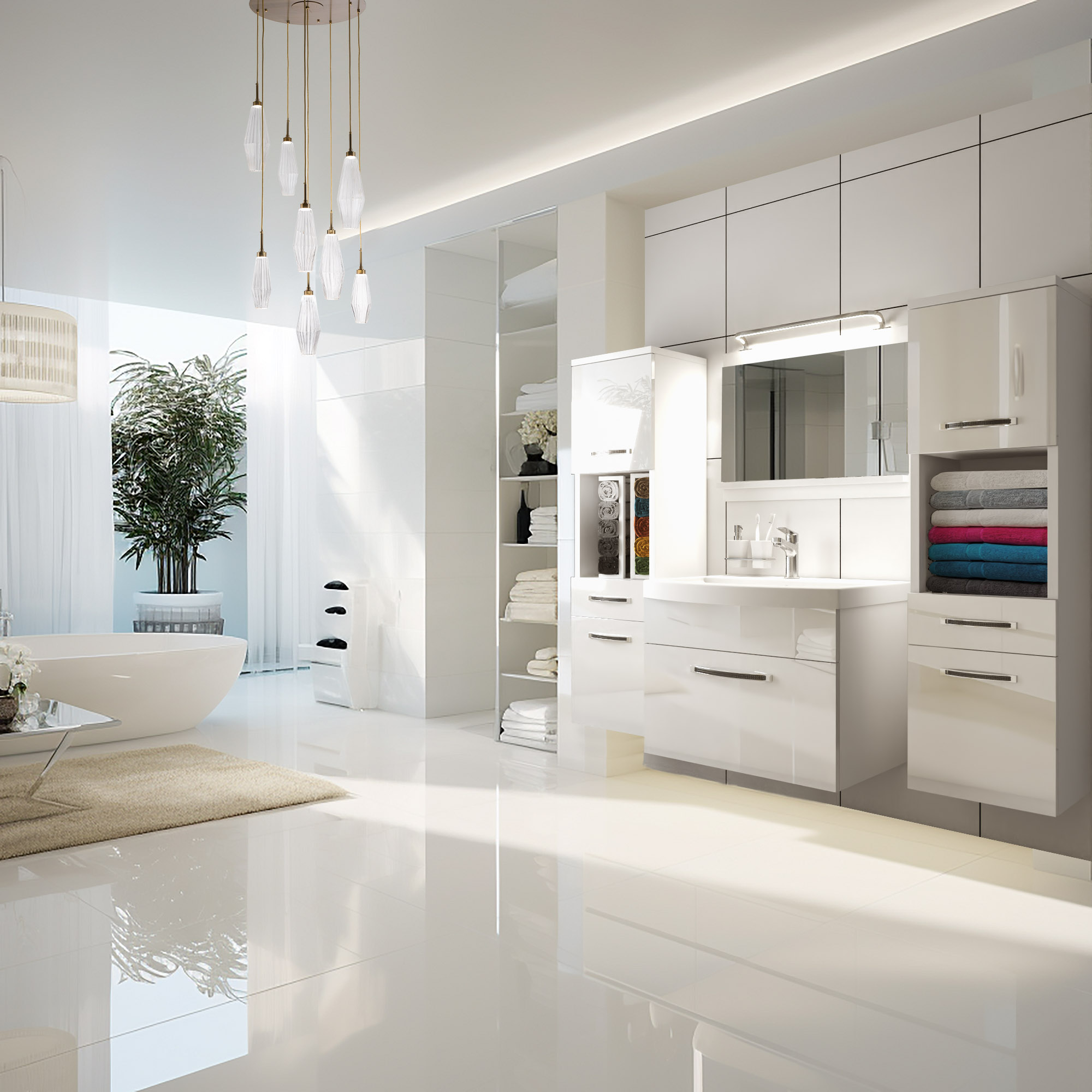 Jasna łazienka z białymi meblami i dużą wanną