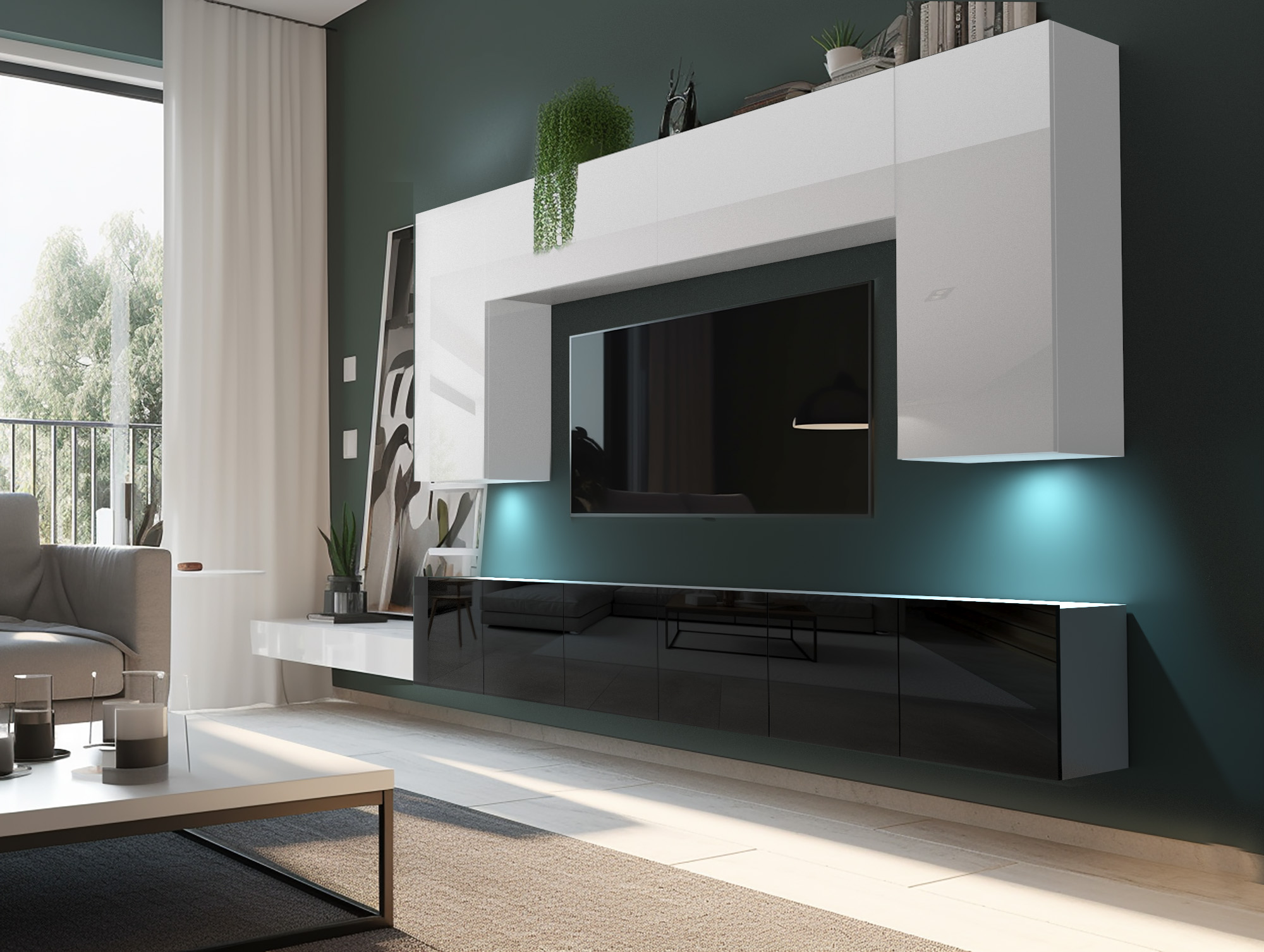 Ściana z telewizorem i nowoczesnymi szafkami w salonie