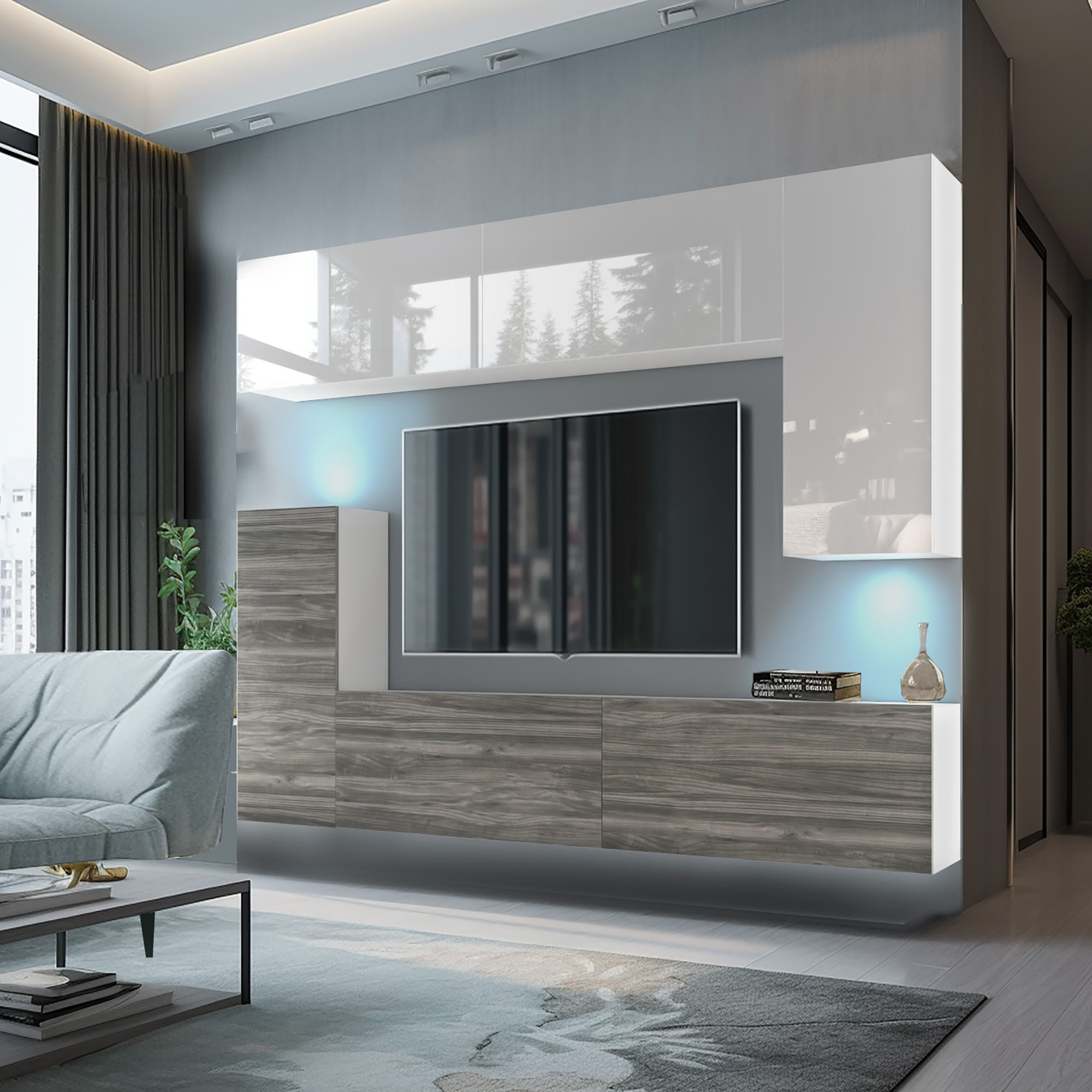 Nowoczesny salon z eleganckimi meblami i telewizorem