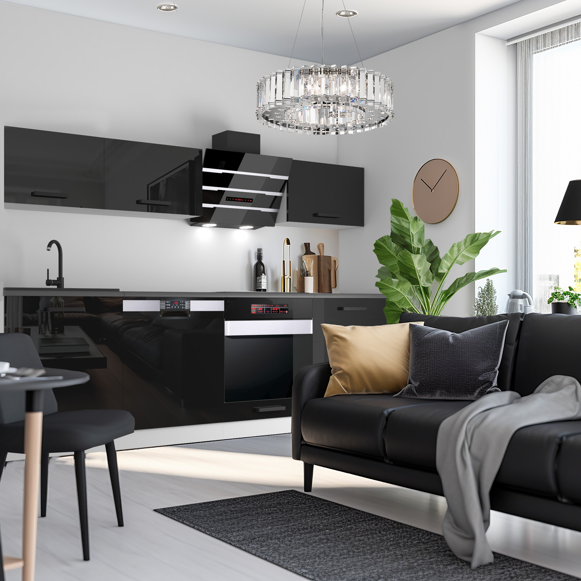 Nowoczesna kuchnia z czarnymi meblami i kryształowym żyrandolem