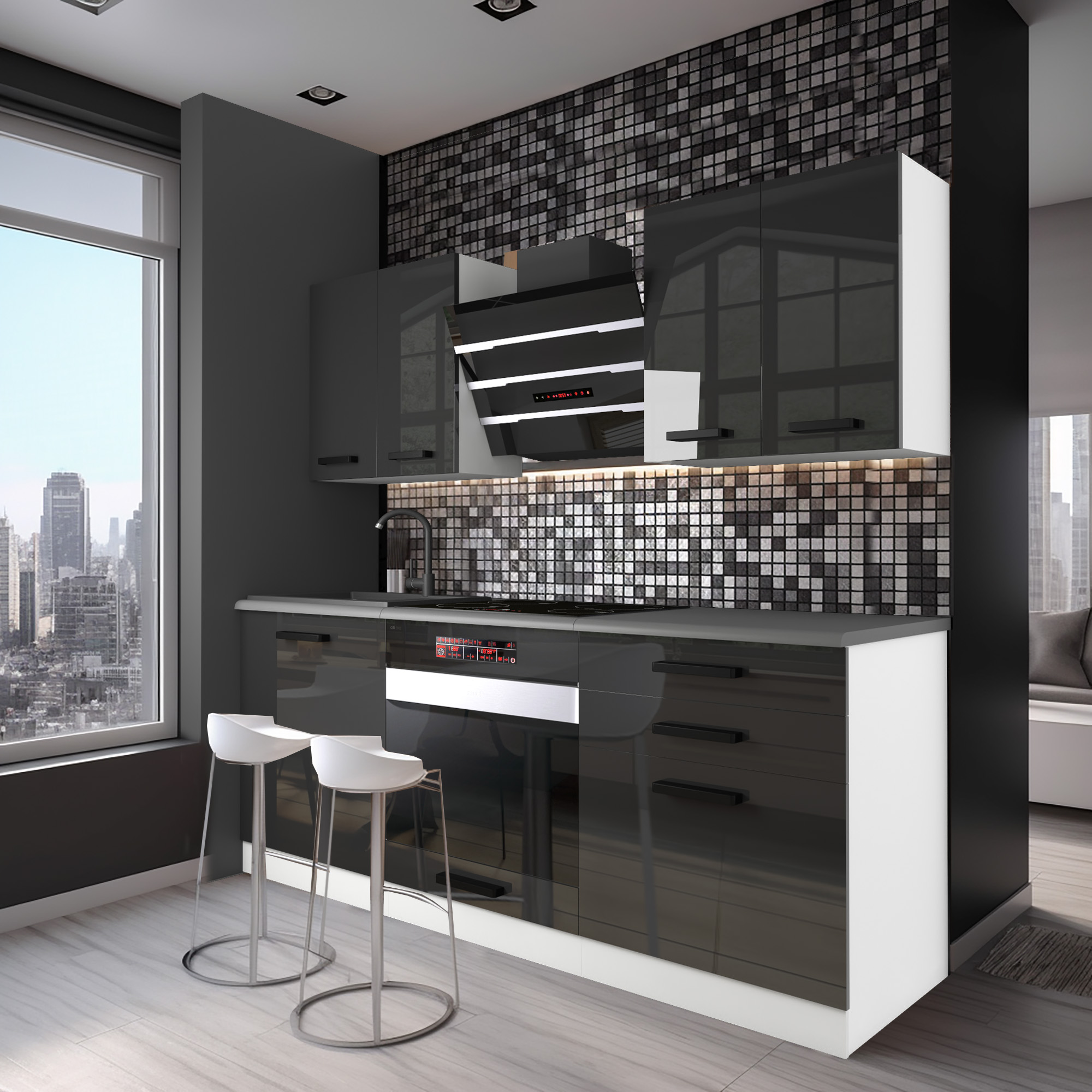 Nowoczesna kuchnia z widokiem na miasto i eleganckimi szafkami