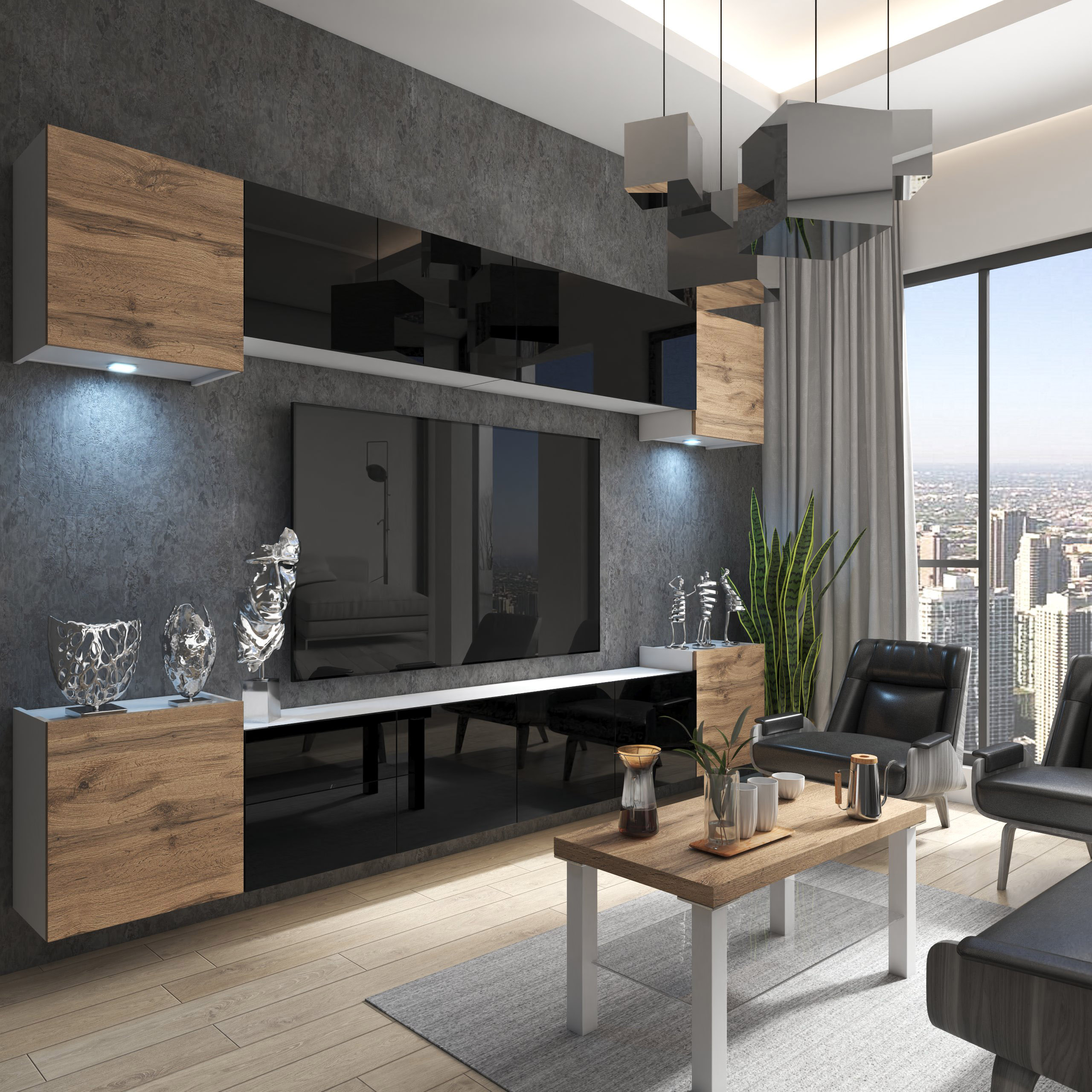 Nowoczesny salon z drewnianymi i ciemnymi meblami