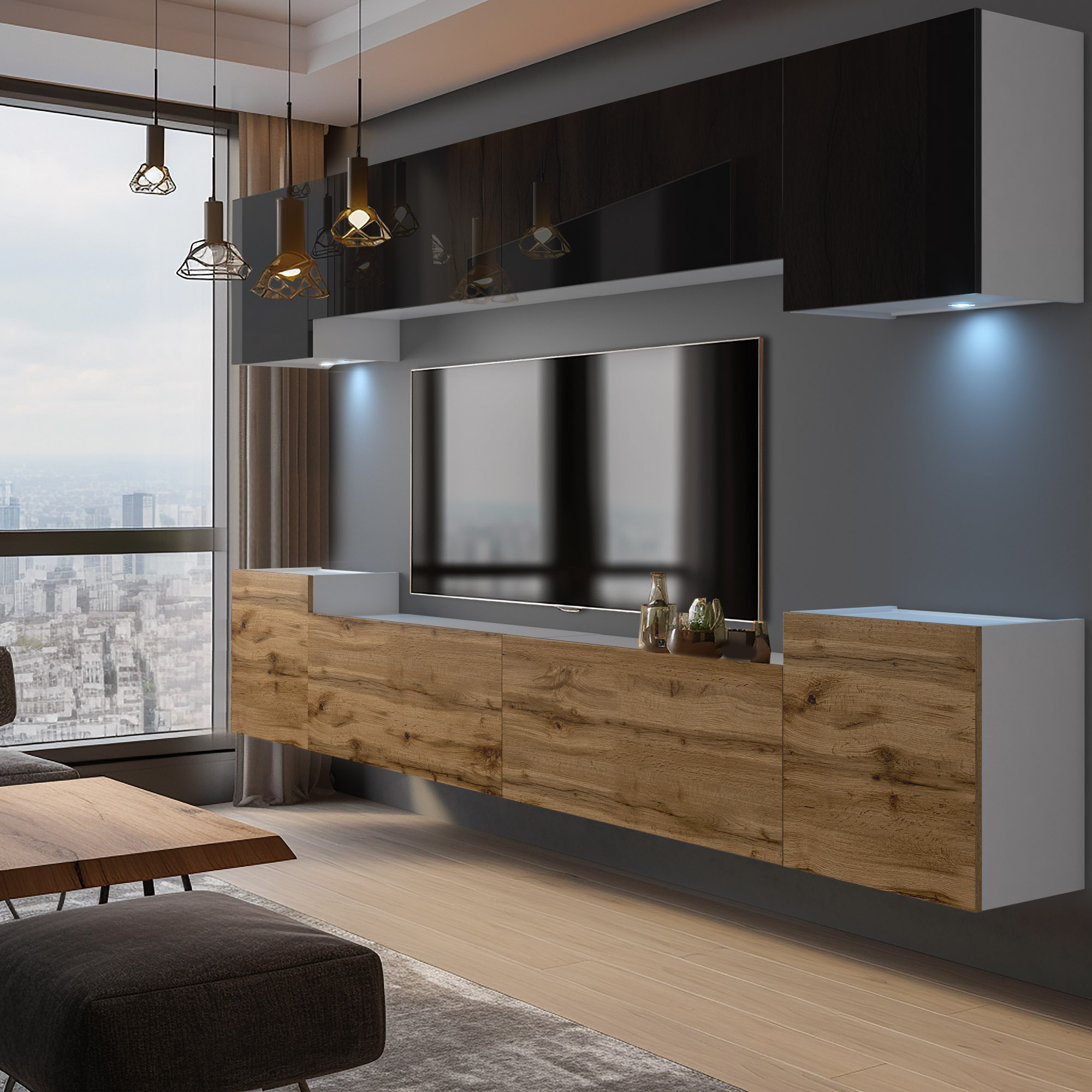 Nowoczesny salon z drewnianą ścianą medialną i lampami