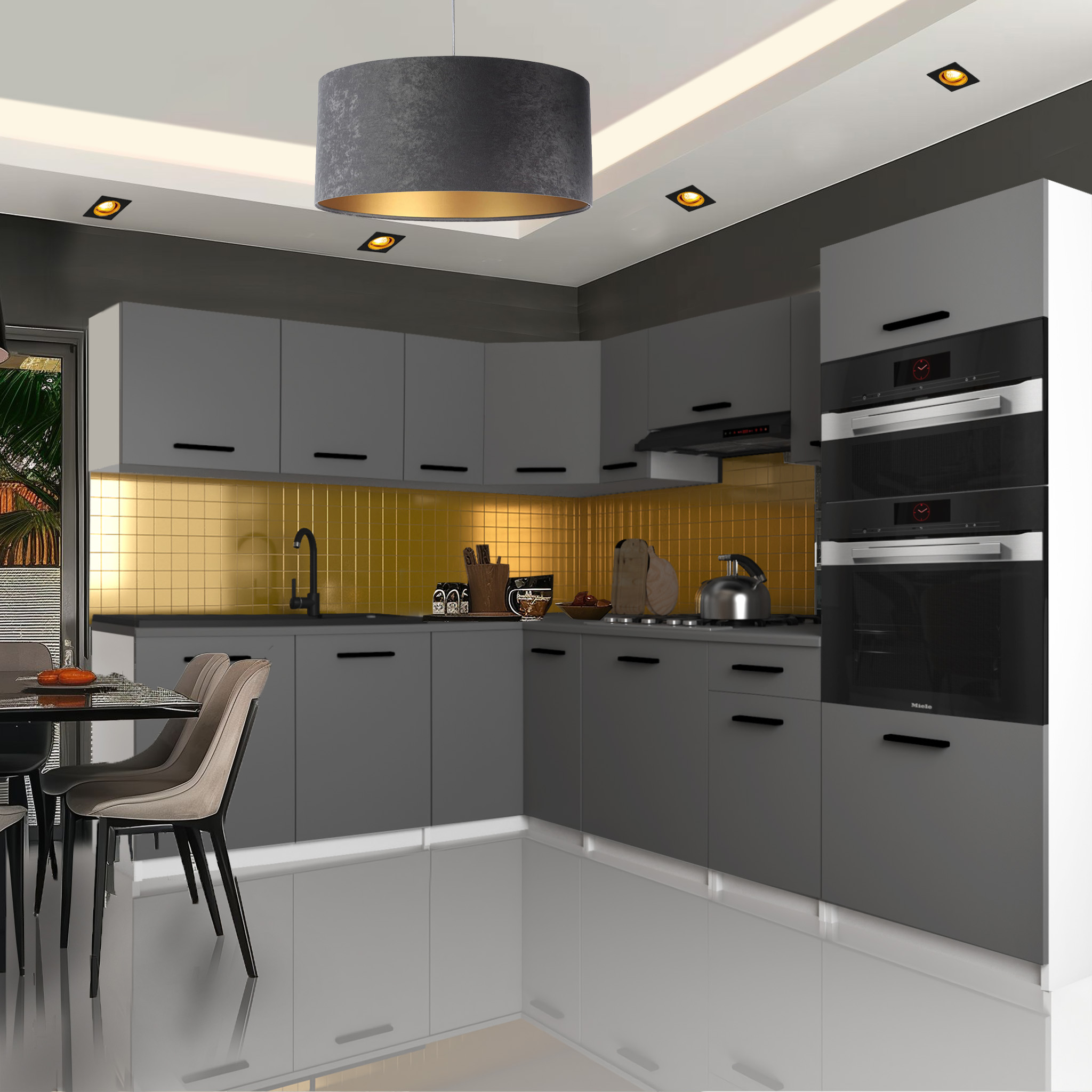 Szare meble kuchenne z złotymi elementami