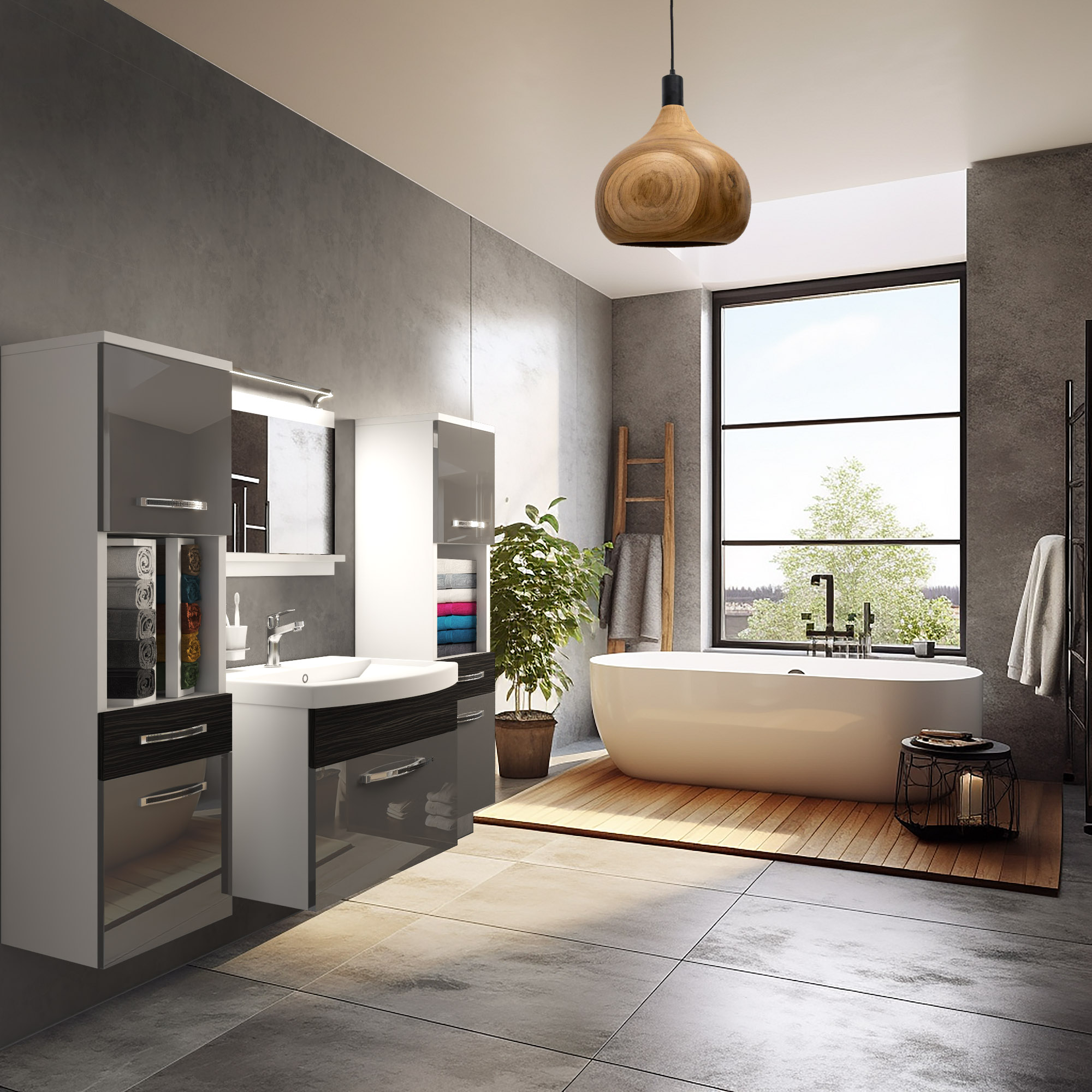 Przestronna łazienka z dużym oknem i wanną