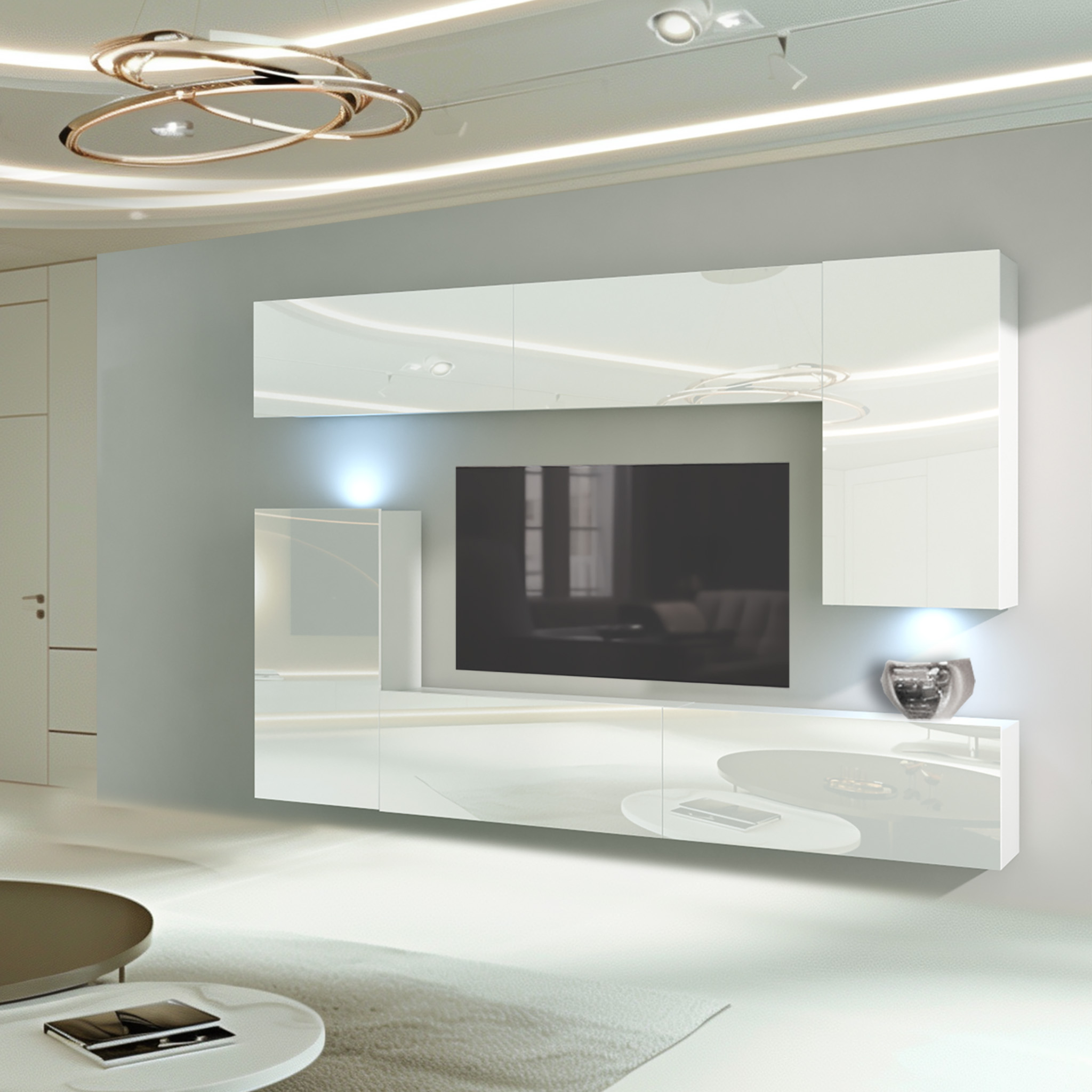 Minimalistyczna aranżacja salonu z szafką RTV