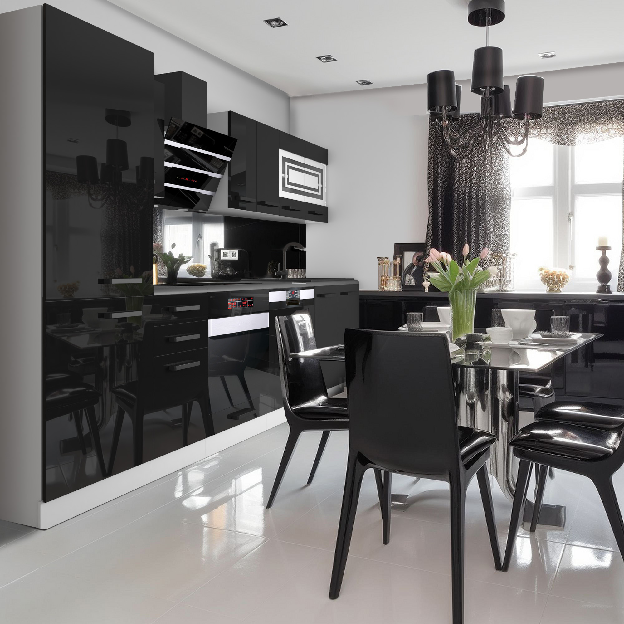 Błyszcząca czarno-biała kuchnia z eleganckim stołem