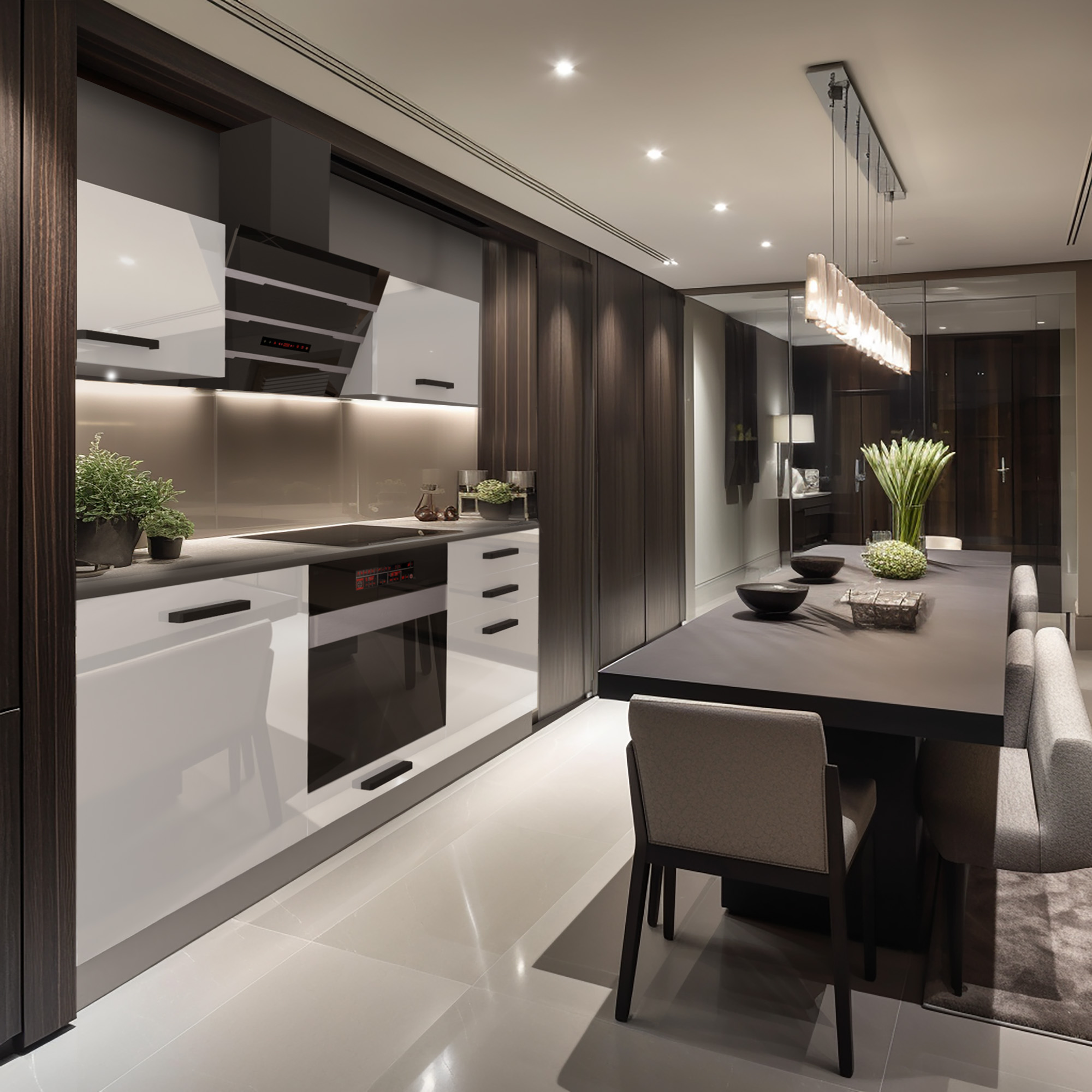 Stylowa kuchnia z przestronnym stołem i eleganckim oświetleniem