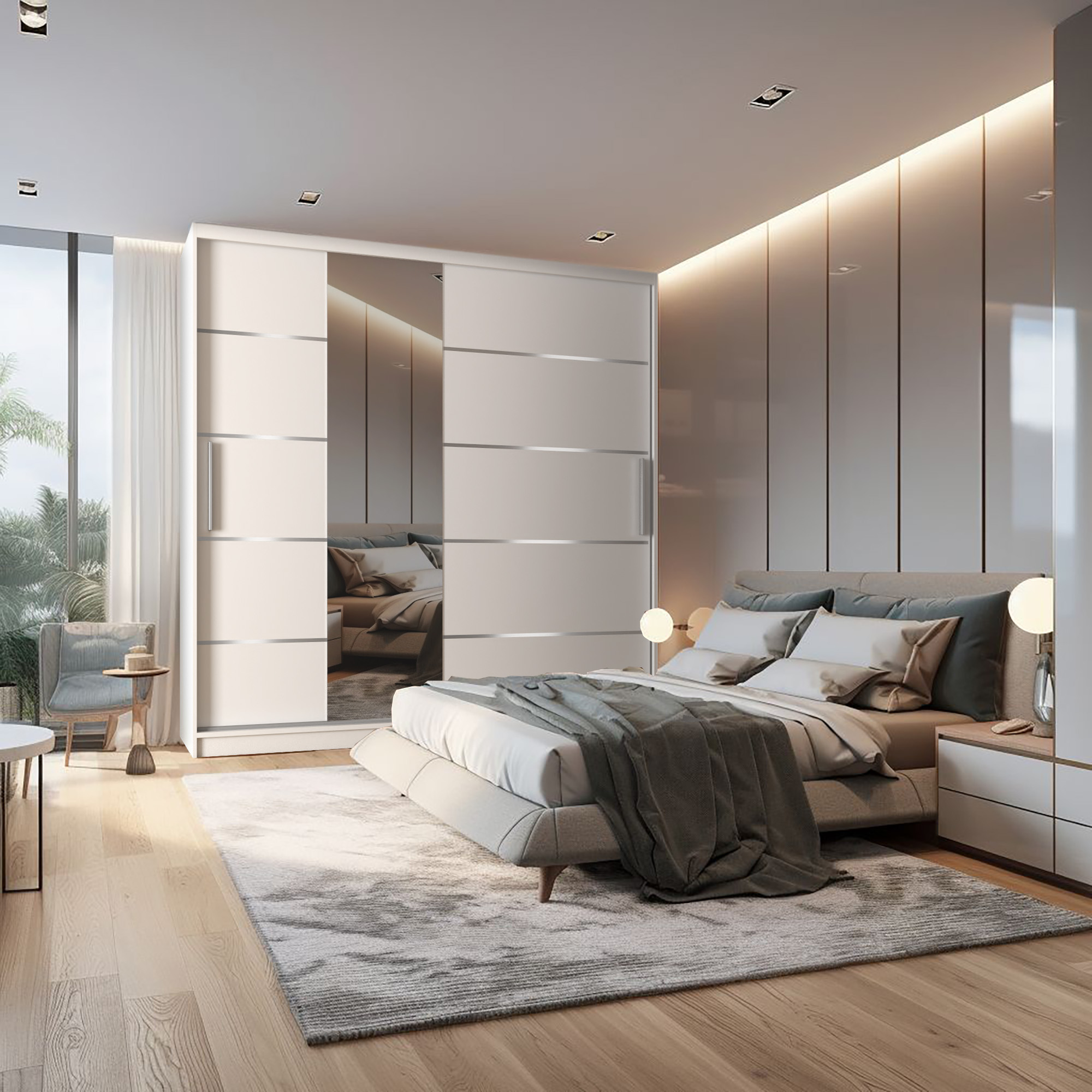 Sypialnia z designerskimi meblami i oświetleniem