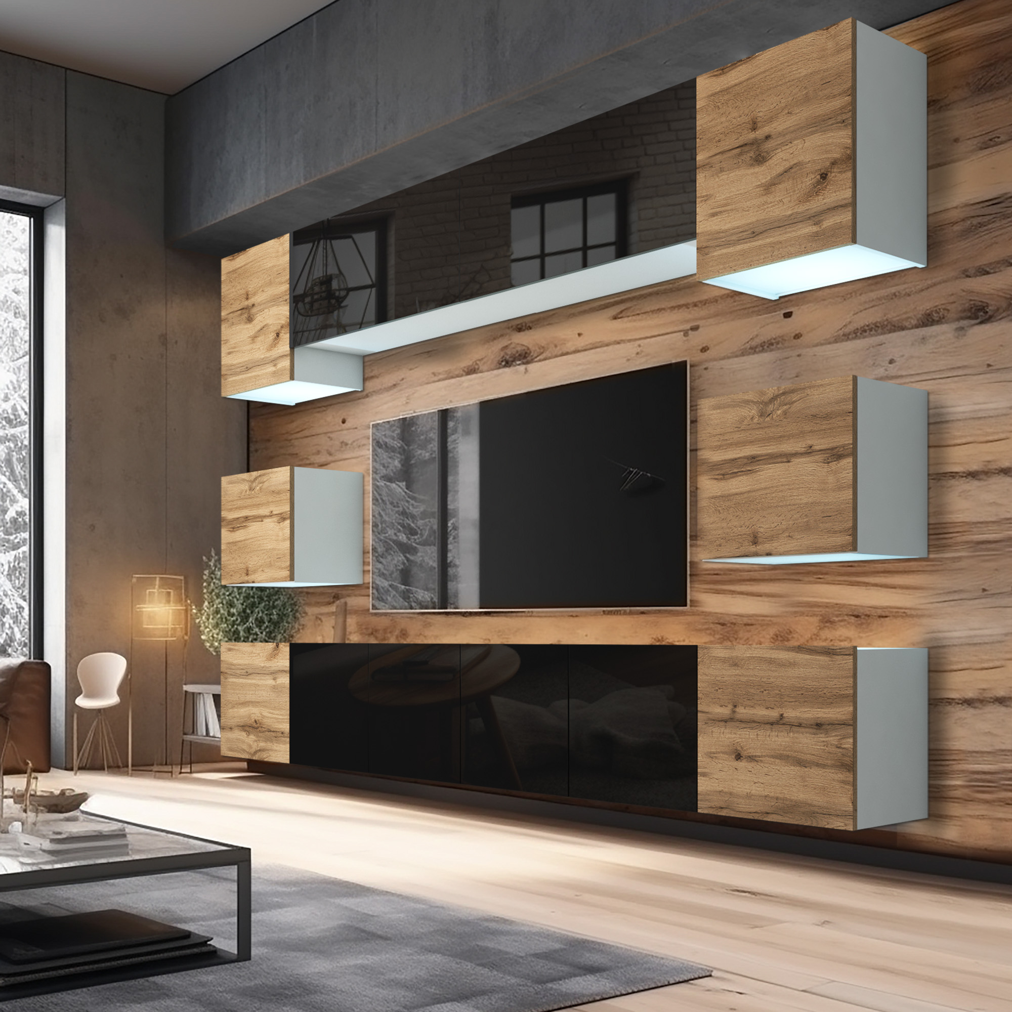 Drewniana ściana medialna w nowoczesnym salonie