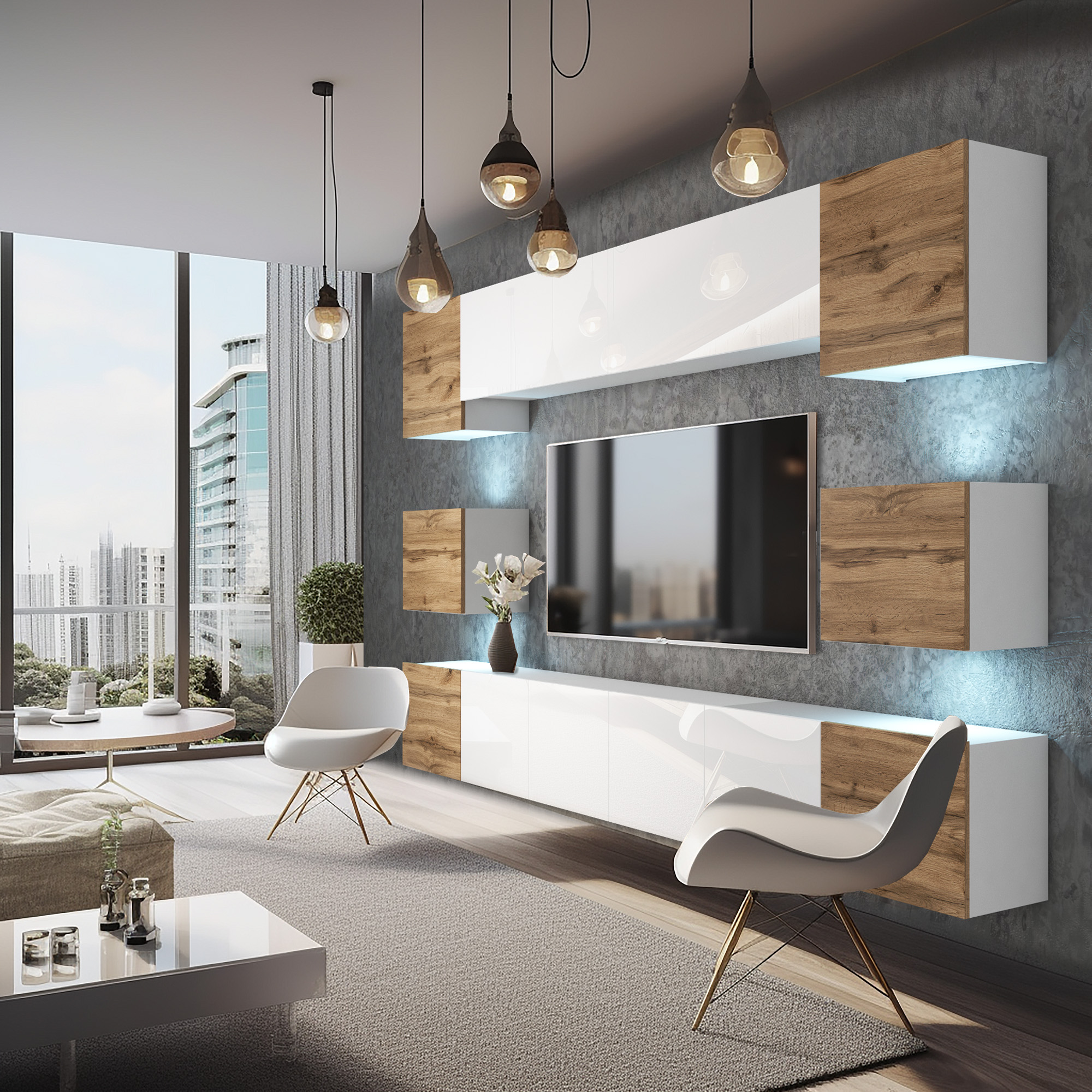 Nowoczesny salon z drewnianymi akcentami i dużymi oknami