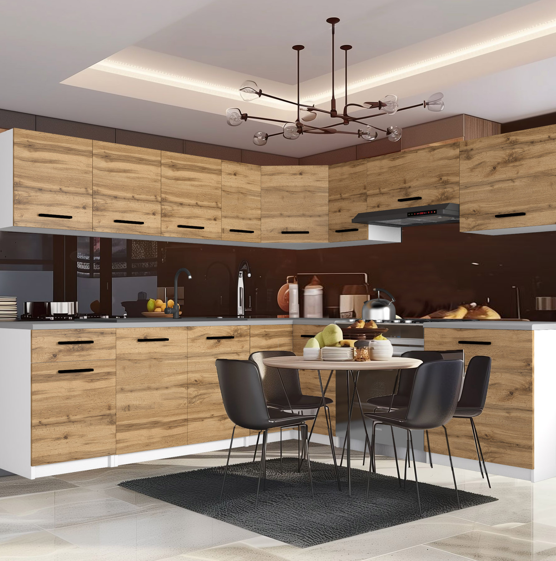 Kuchnia z drewnianą zabudową i okrągłym stołem