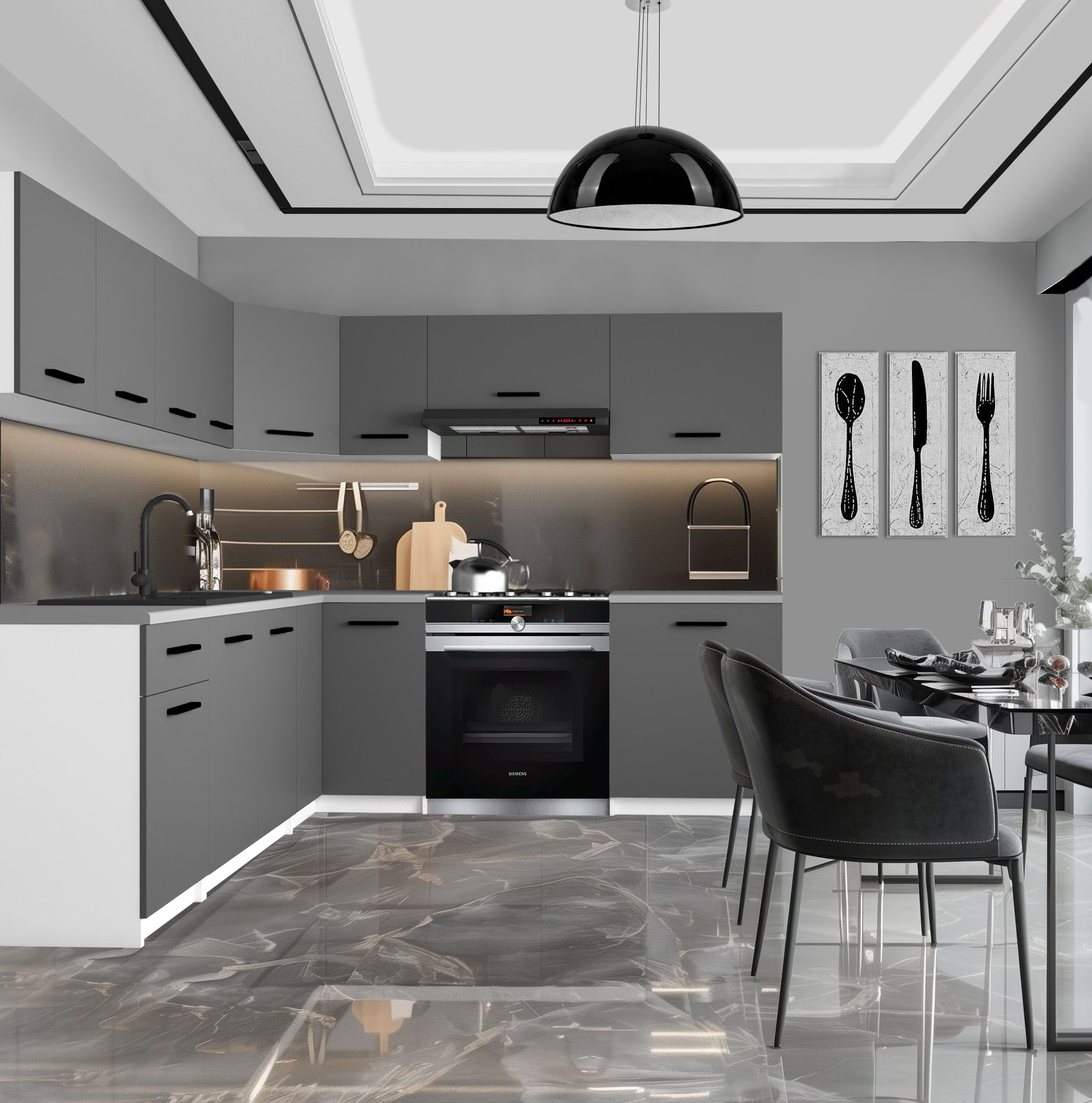 Stylowa kuchnia z szarymi meblami i czarnymi akcentami
