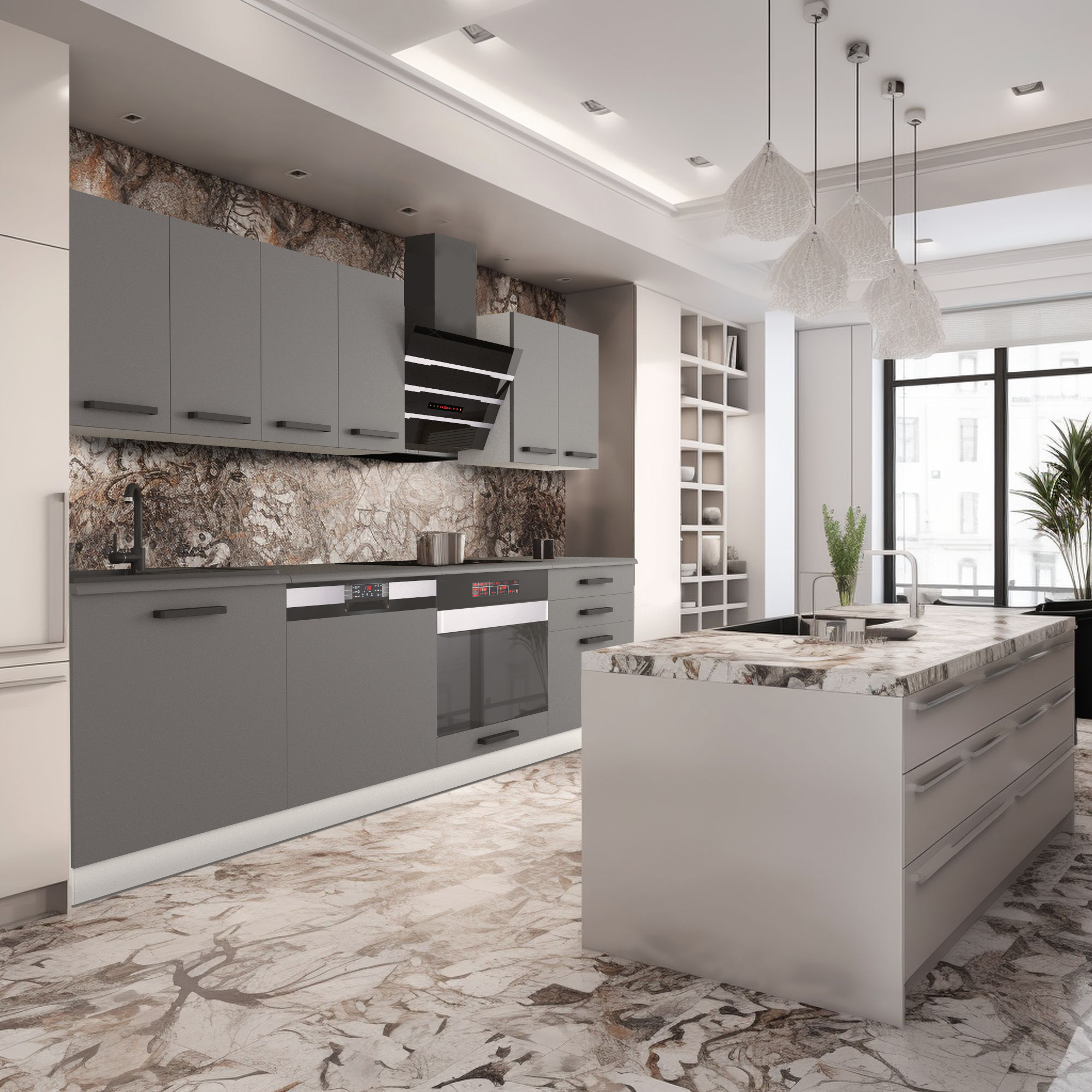 Kuchnia z wyspą i szarymi szafkami