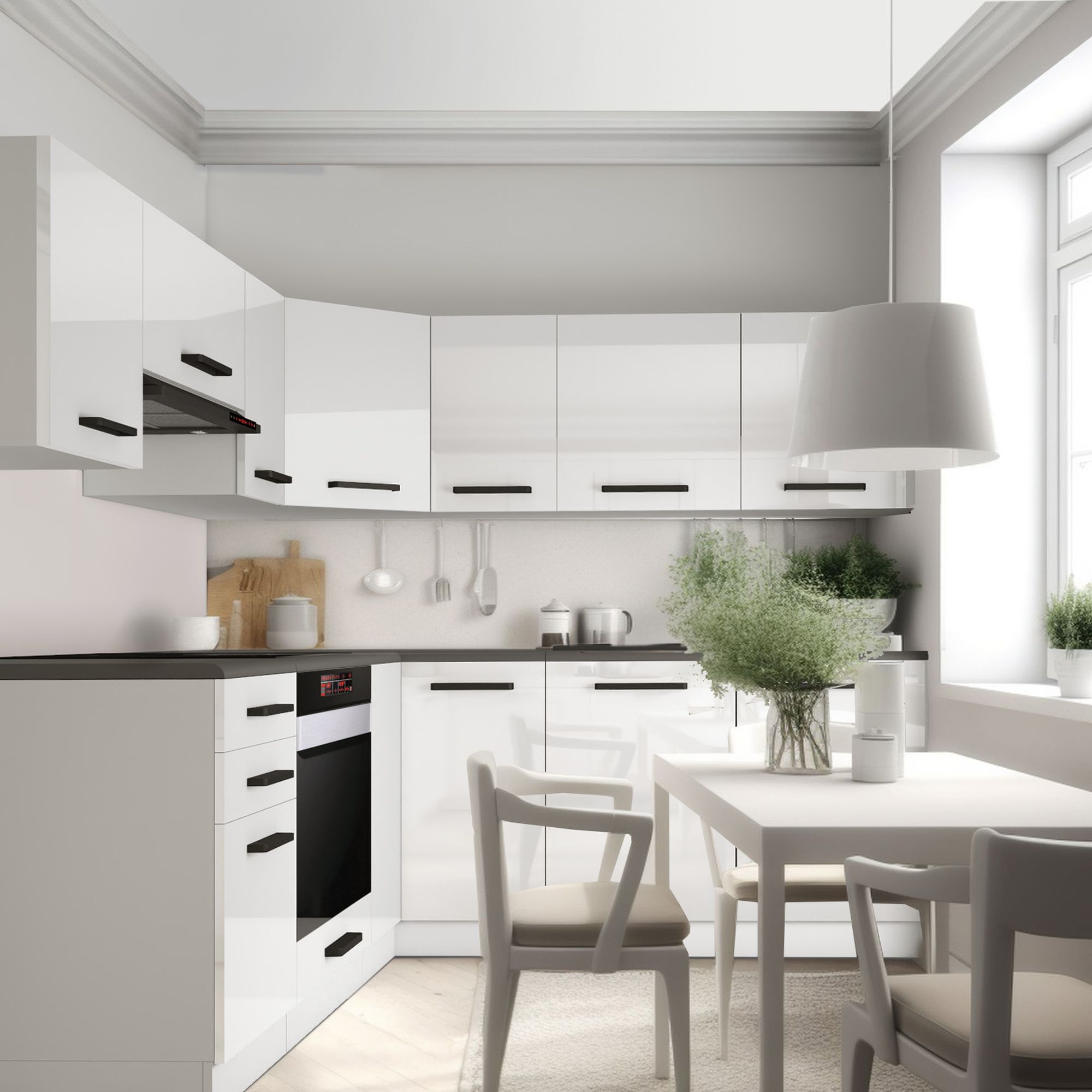 Białe szafki kuchenne z czarnymi uchwytami