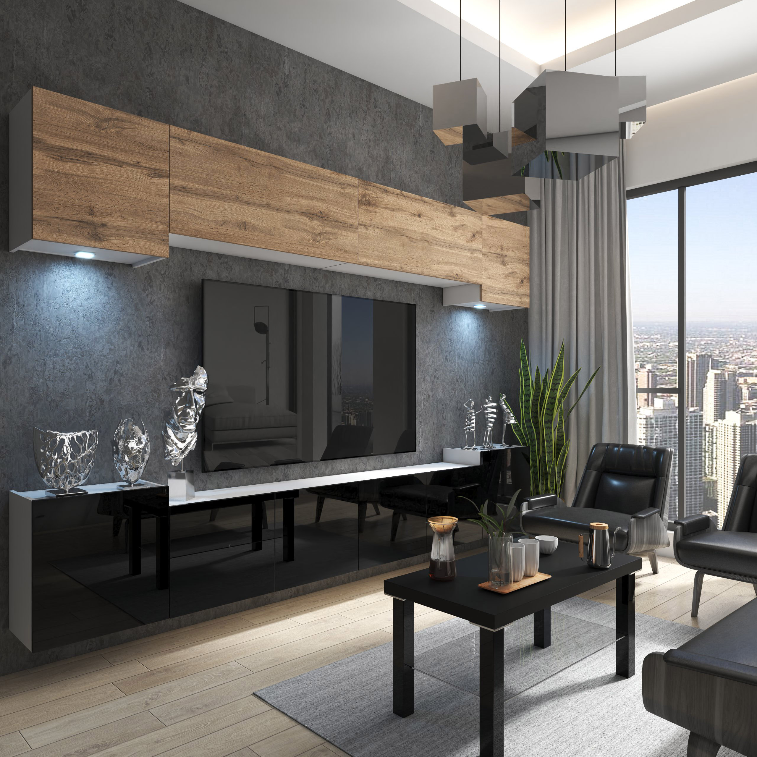 Wizualizacja nowoczesnego salonu z funkcjonalną ścianą medialną